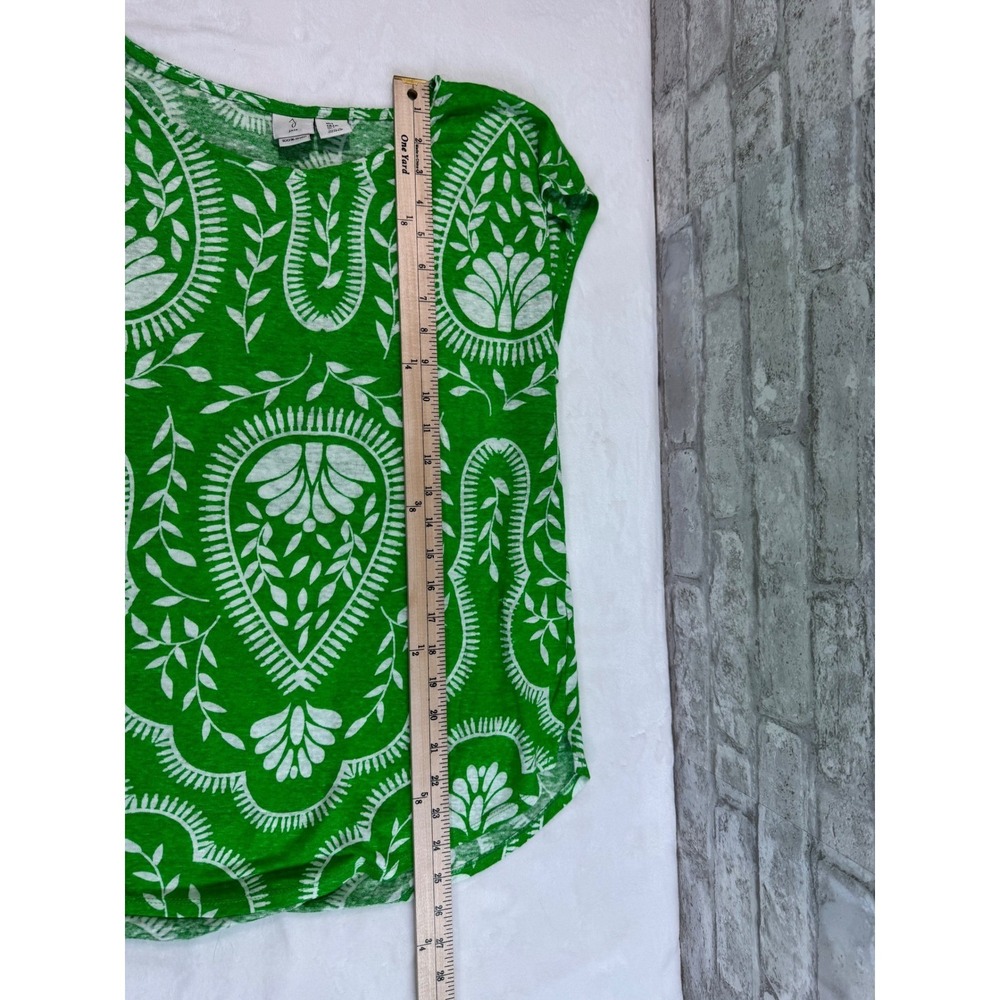 Joie Linen Tee Top Kelly Green White Paisley‎ Botanical Print Cap Sleeve Size L - Picture 8 of 9